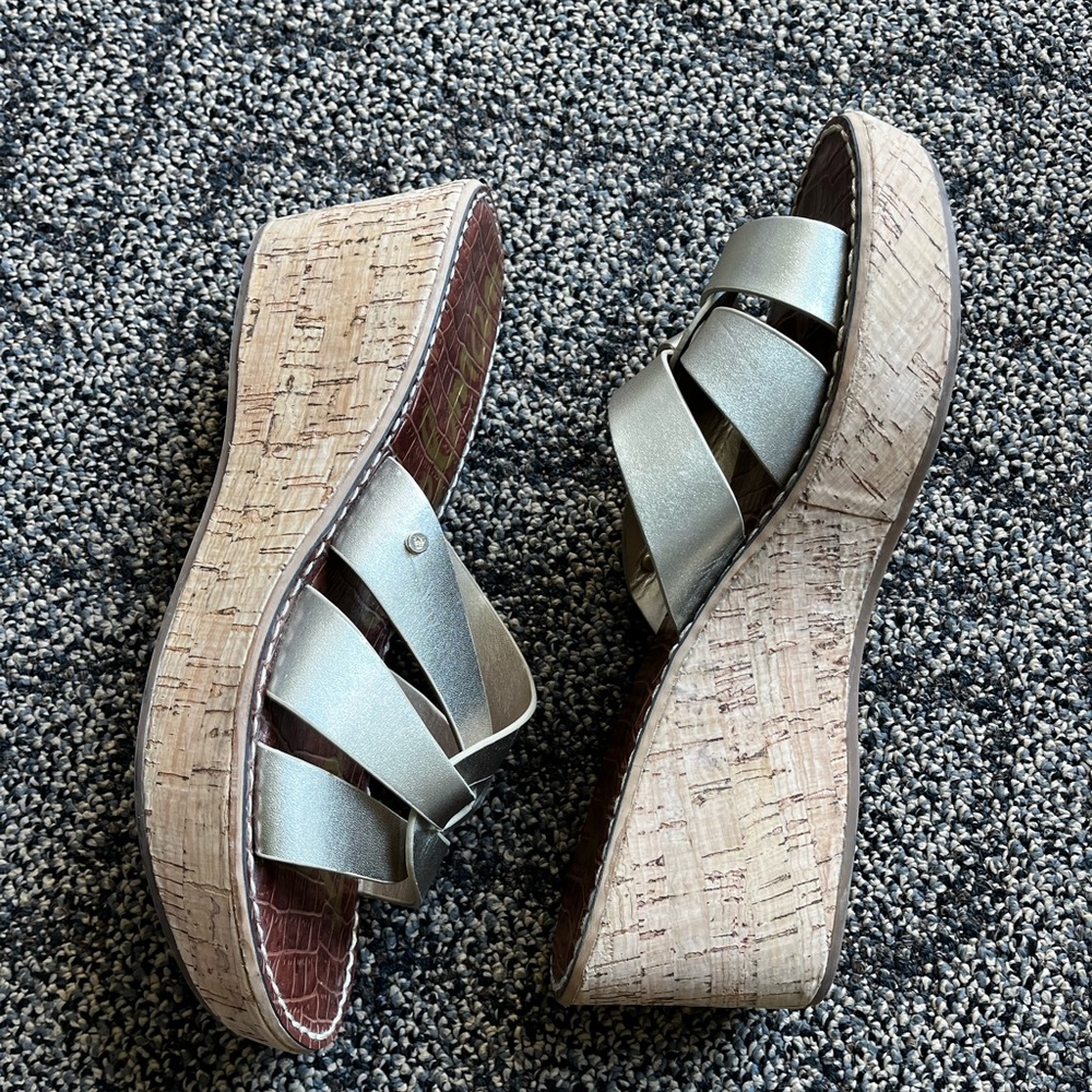 Sam Edelman Raynere Sandals - Cork Wedge Platform Gold Metallic Leather Slide